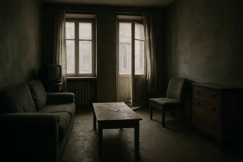 Vue intérieure d'un appartement sombre et négligé, signes de poussière et fenêtres légèrement ouvertes.