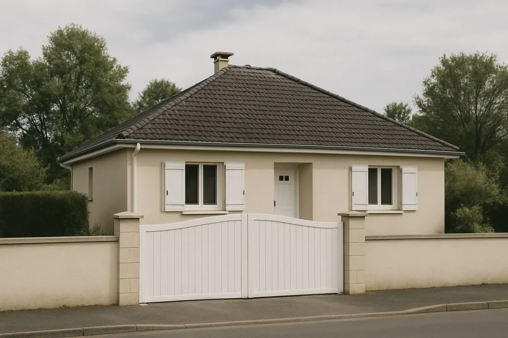 Vue extérieure d'une maison calme, portail fermé, lumière naturelle.