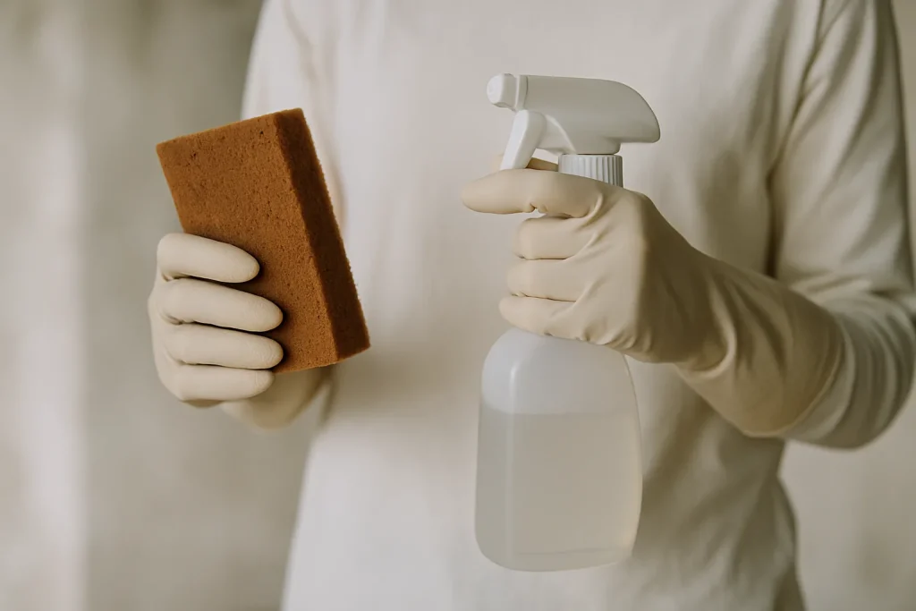 Gros plan sur des mains gantées avec outils de nettoyage après décès, arrière-plan flou