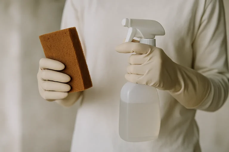 Gros plan sur des mains gantées avec outils de nettoyage après décès, arrière-plan flou