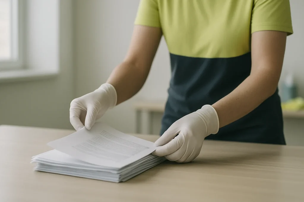 Mains gantées récupérant des documents dans une pièce avant désinfection post-décès.
