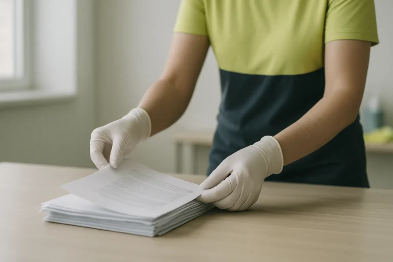 Mains gantées récupérant des documents dans une pièce avant désinfection post-décès.
