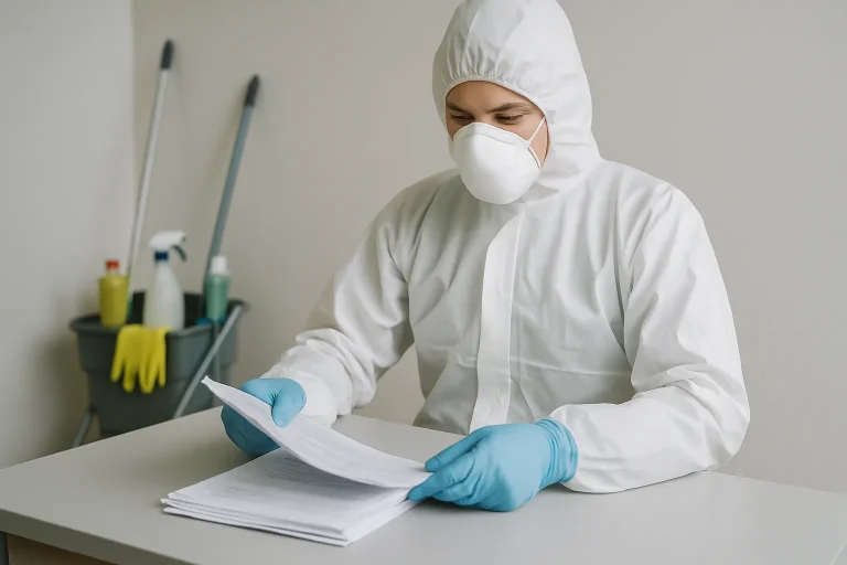 Professionnel en tenue de protection examinant des documents de nettoyage sur un bureau