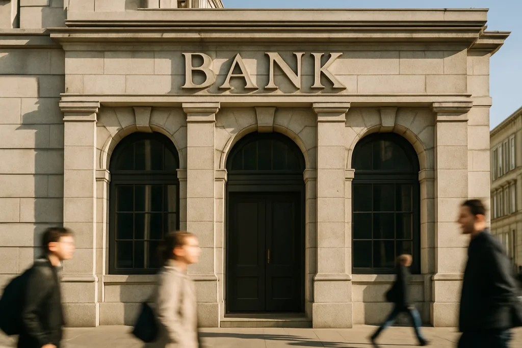 Façade d'une banque traditionnelle par une journée ensoleillée avec passants flous