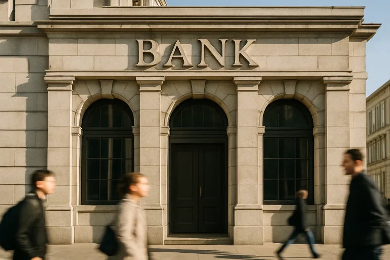 Façade d'une banque traditionnelle par une journée ensoleillée avec passants flous