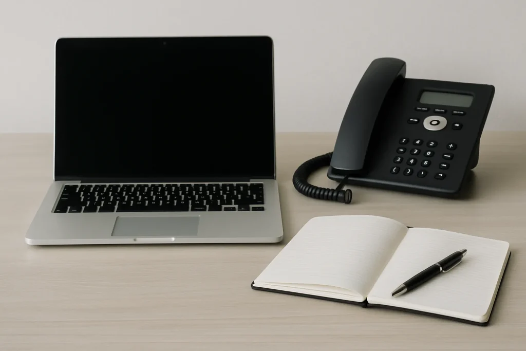 Bureau moderne avec téléphone, ordinateur portable et carnet ouverts, éclairage neutre