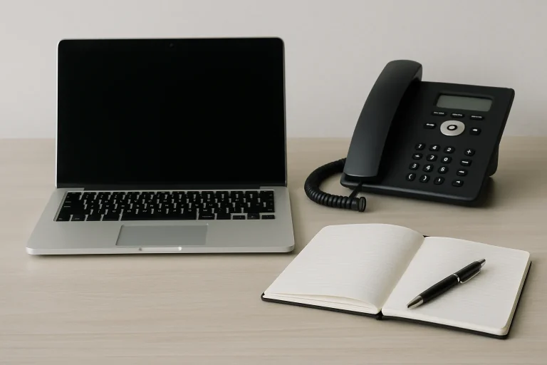 Bureau moderne avec téléphone, ordinateur portable et carnet ouverts, éclairage neutre