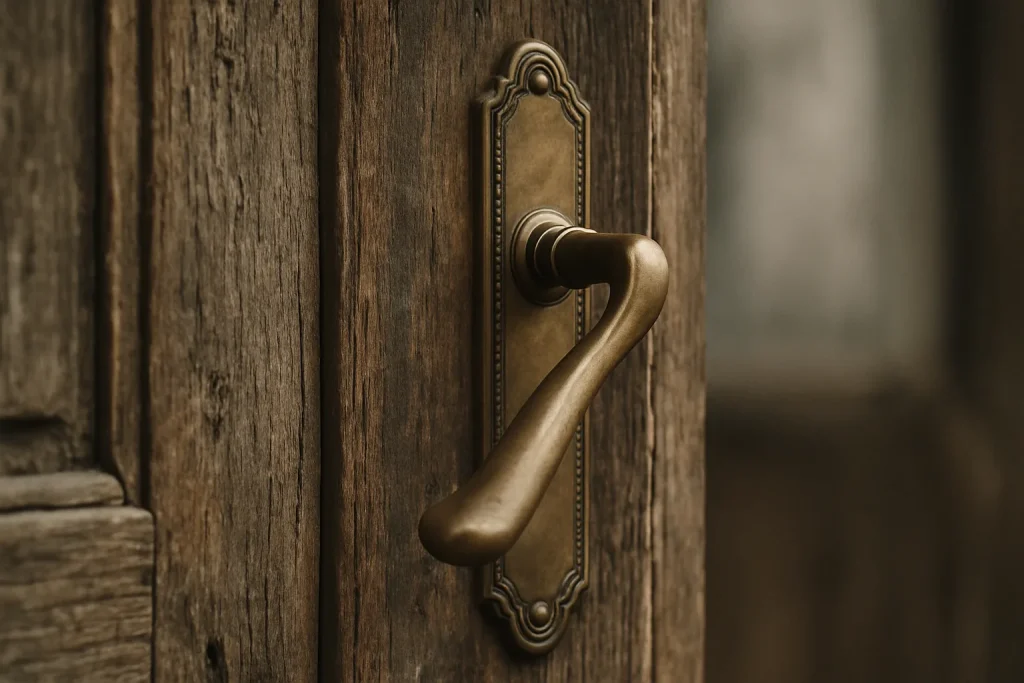 Poignée de porte en laiton sur une surface en bois vieillie, lumière douce