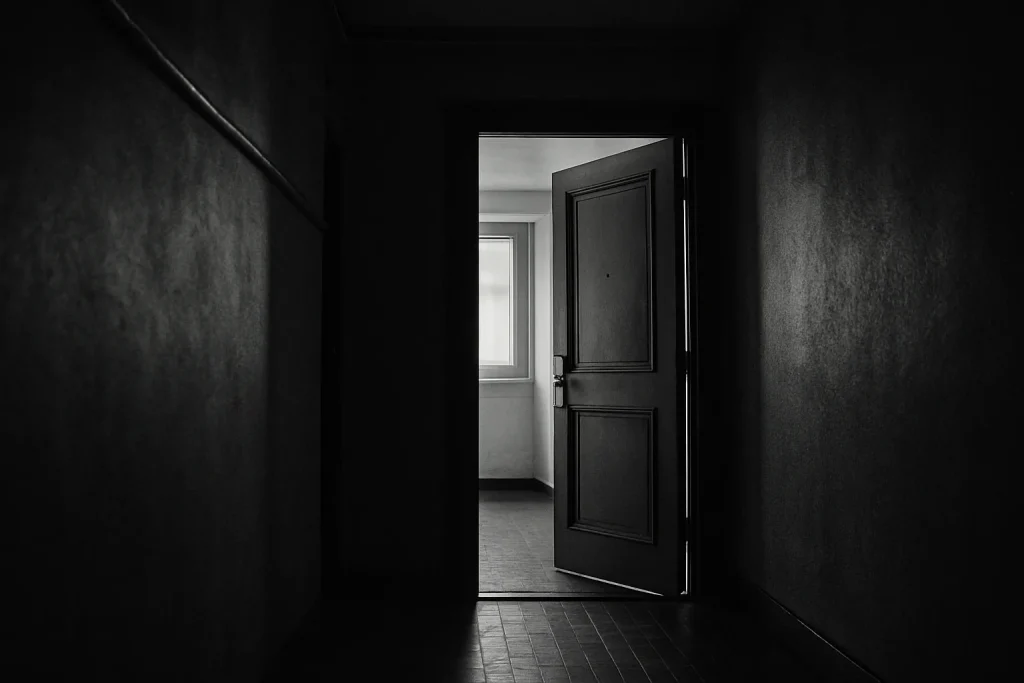 Couloir d'immeuble sombre avec une porte entre-ouverte, ambiance inquiétante