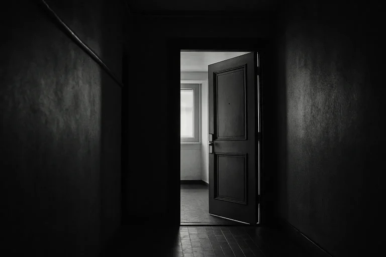 Couloir d'immeuble sombre avec une porte entre-ouverte, ambiance inquiétante