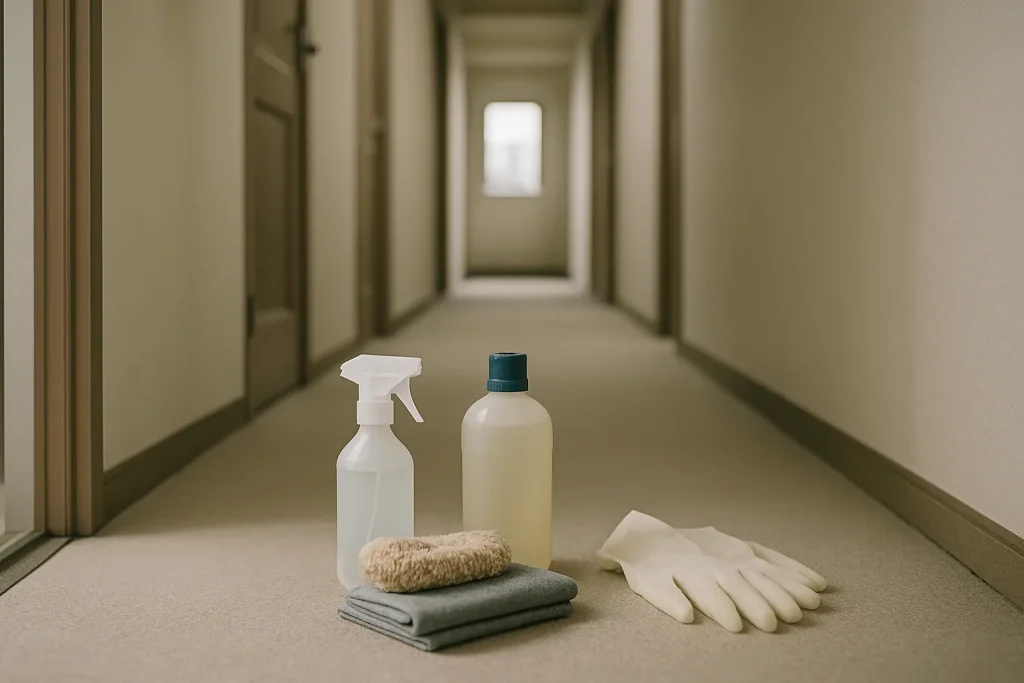 Couloir d'appartement avec produits de nettoyage et équipements de protection posés au sol