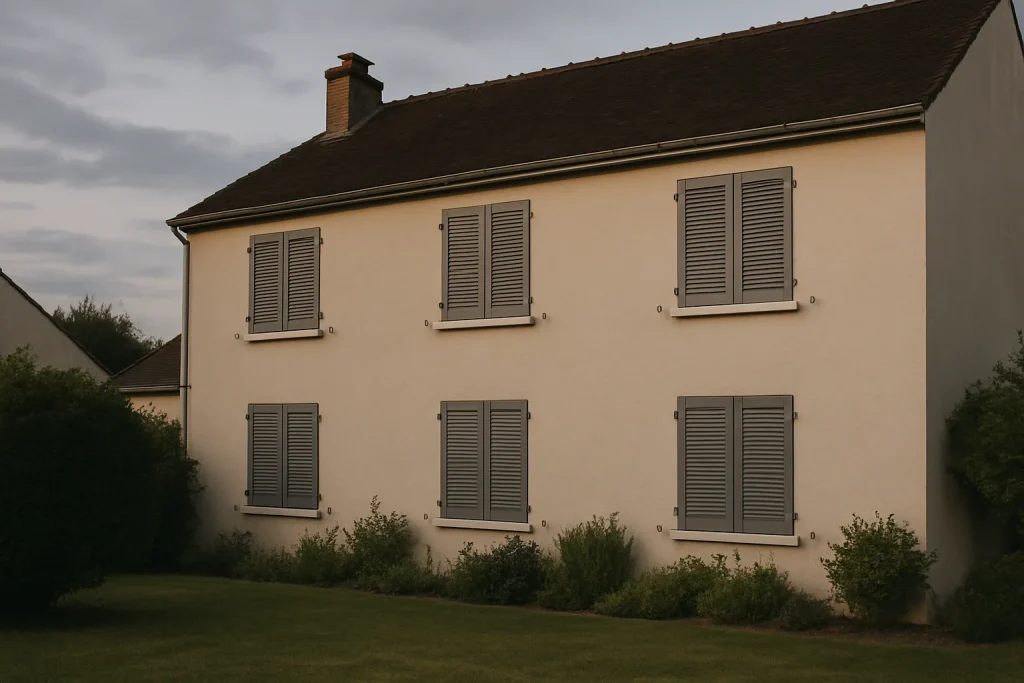 Vue extérieure d'une maison aux volets fermés, ciel nuageux, jardin bien entretenu.