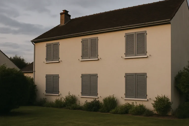 Vue extérieure d'une maison aux volets fermés, ciel nuageux, jardin bien entretenu.