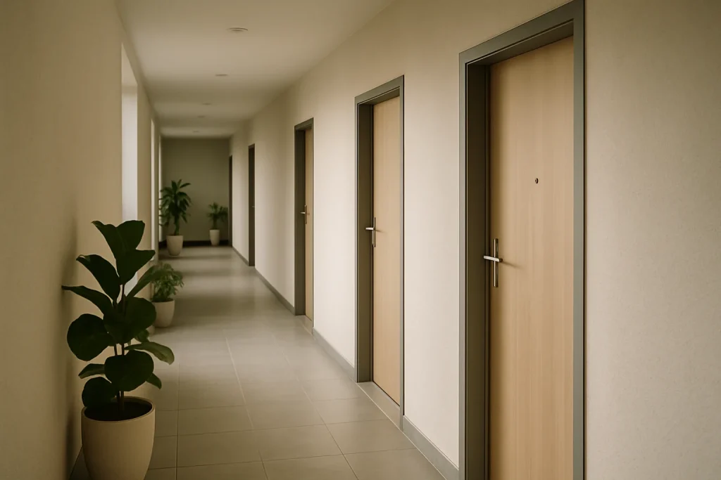 Couloir d'immeuble moderne avec portes et plantes en pot, lumière douce.
