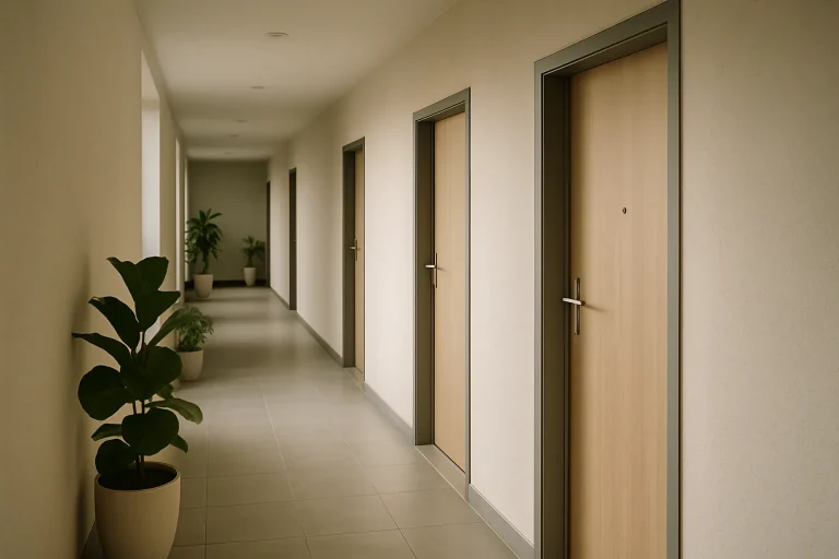 Couloir d'immeuble moderne avec portes et plantes en pot, lumière douce.