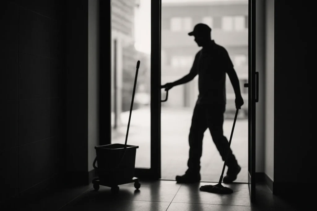 Silhouette floue d'un professionnel de nettoyage entrant dans un bâtiment, lumière douce.