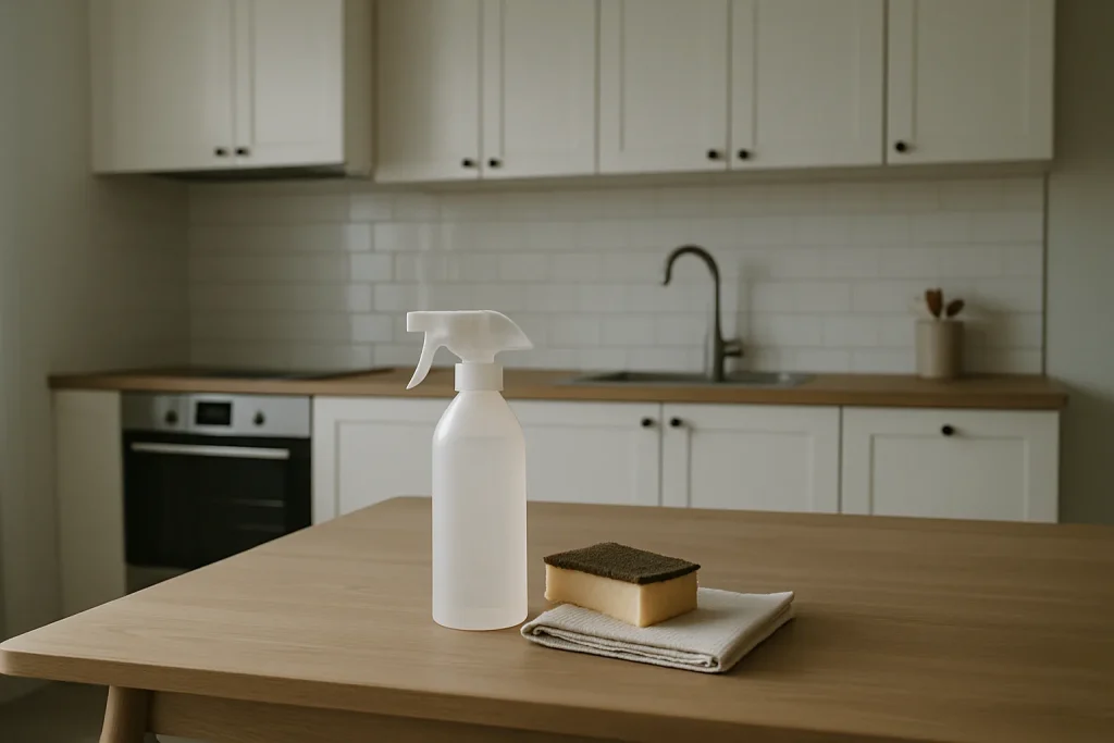 Cuisine vide avec lumière douce et éléments de nettoyage sur une table