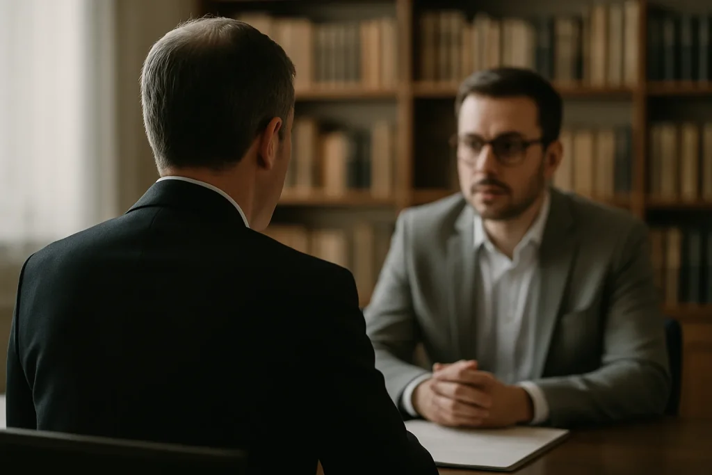 Un notaire de dos discutant avec un client dans un bureau, lumière douce