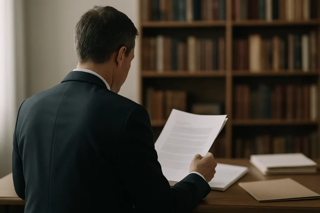 Silhouette d'un notaire de dos examinant des documents de succession sur un bureau dans un bureau éclairé doucement.