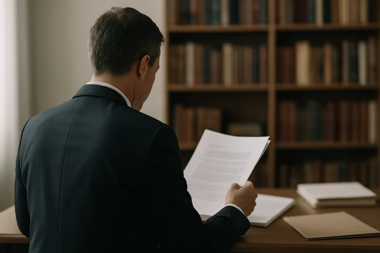Silhouette d'un notaire de dos examinant des documents de succession sur un bureau dans un bureau éclairé doucement.