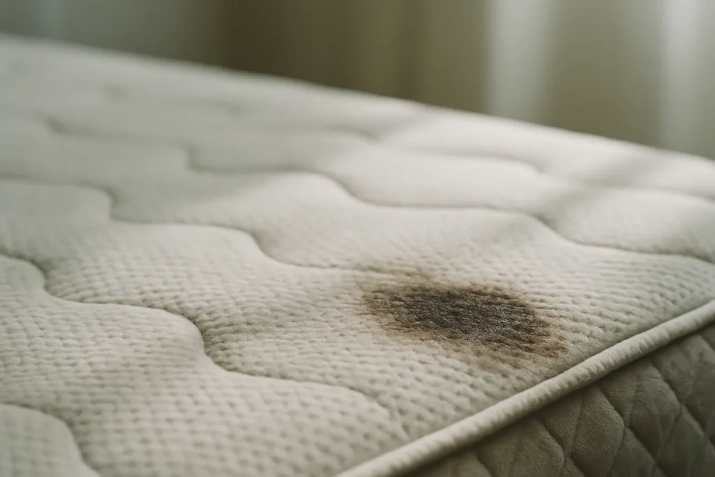 Gros plan sur un matelas avec une tâche visible, éclairage naturel