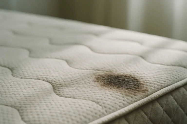 Gros plan sur un matelas avec une tâche visible, éclairage naturel