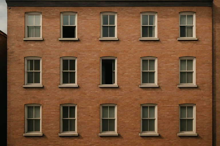 Façade d'un ancien immeuble résidentiel en briques rouges avec quelques fenêtres ouvertes