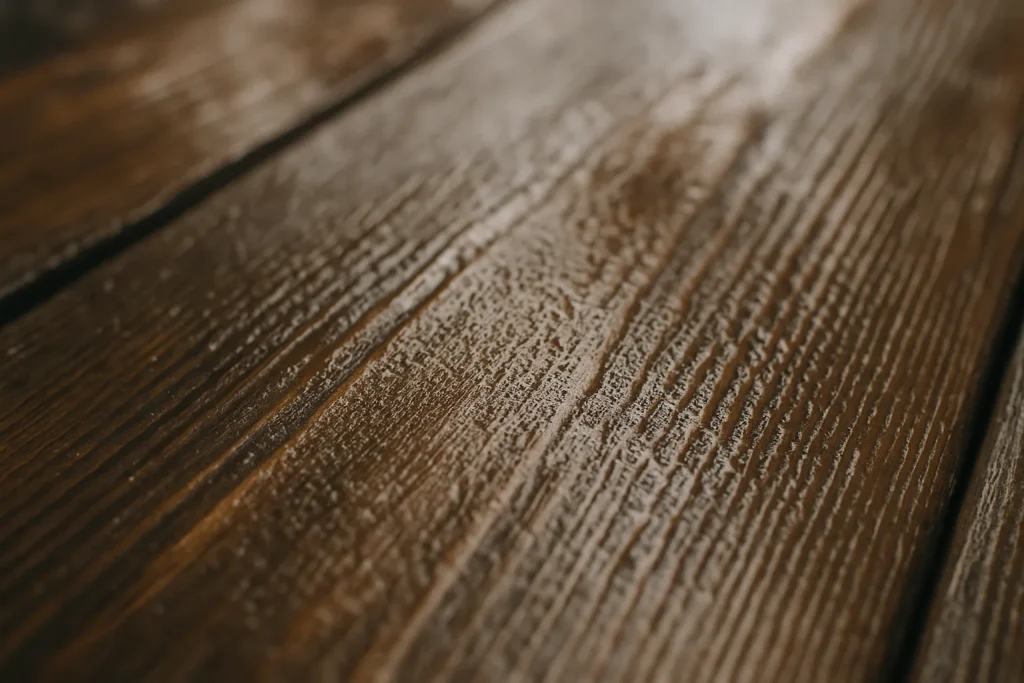 Gros plan sur une surface en bois montrant des signes d'imprégnation et de texture humide.