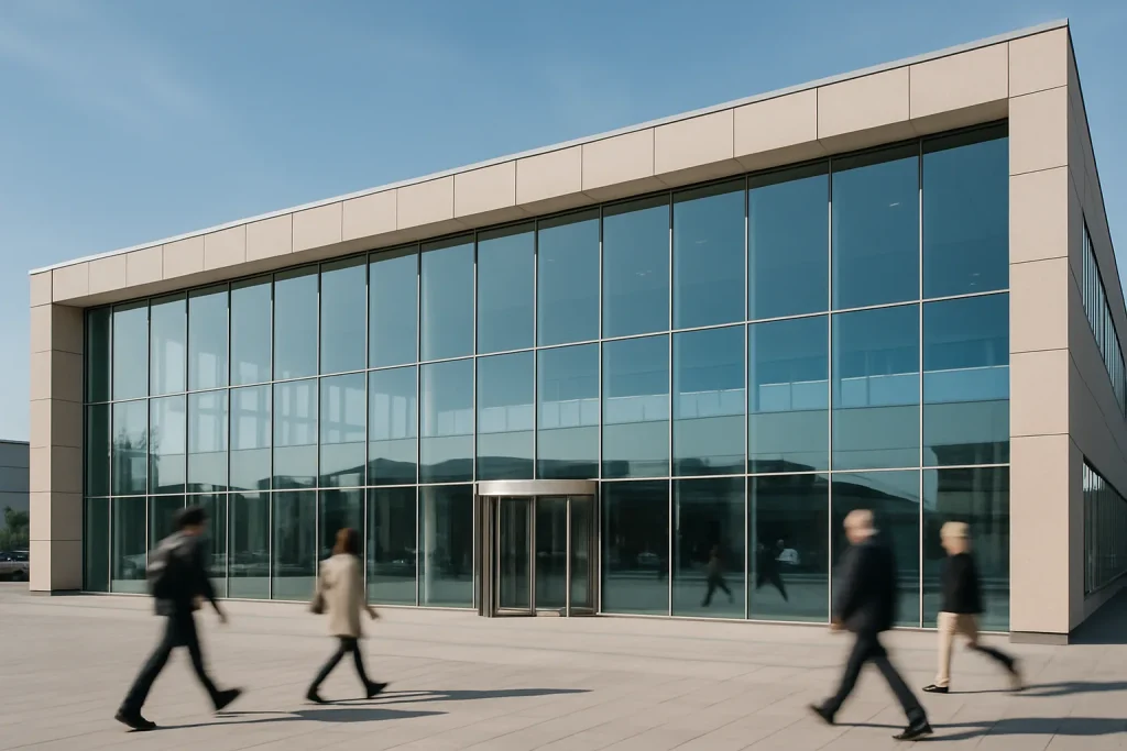 Façade moderne d'un bâtiment avec des personnes floues en mouvement au premier plan