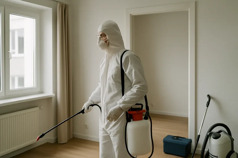 Un professionnel en tenue de protection décontamine un appartement après un décès, avec des outils visibles.