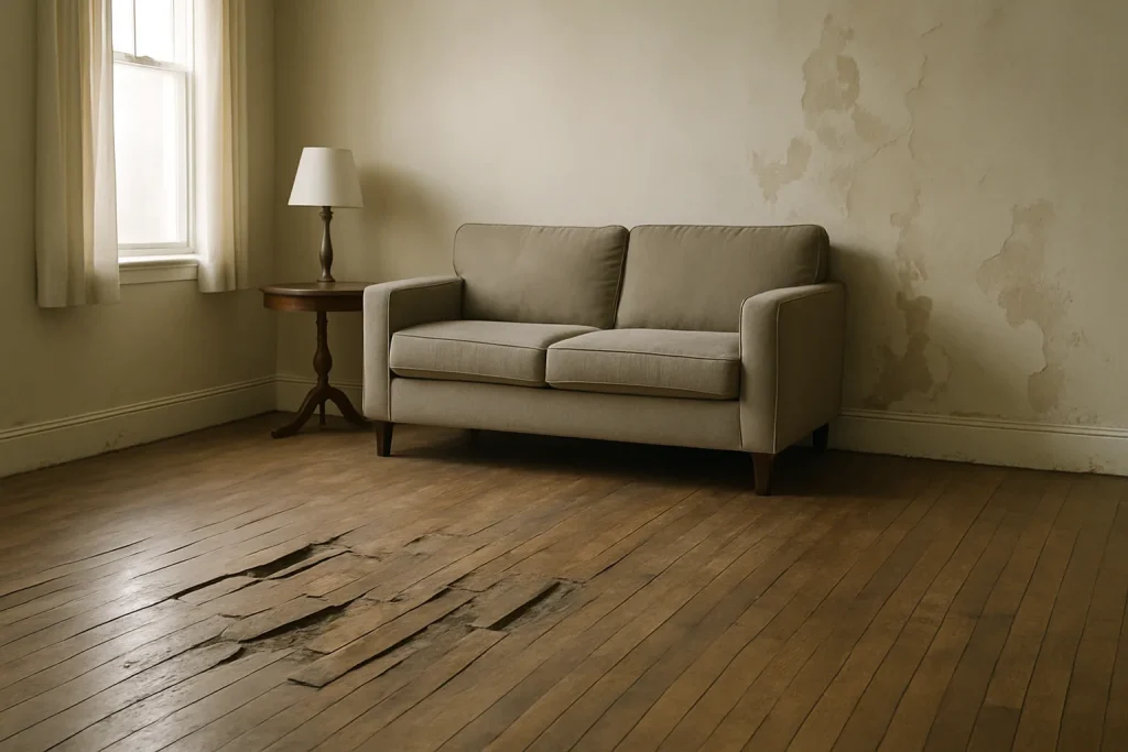 Salon avec parquet abîmé, murs et plinthes endommagés, lumière douce