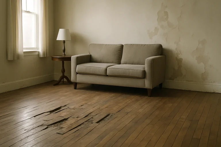 Salon avec parquet abîmé, murs et plinthes endommagés, lumière douce