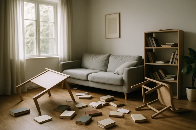 Intérieur d'une pièce en désordre avec meubles renversés et livres éparpillés.