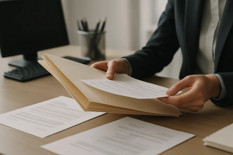 Mains organisant des documents officiels sur un bureau, lumière neutre