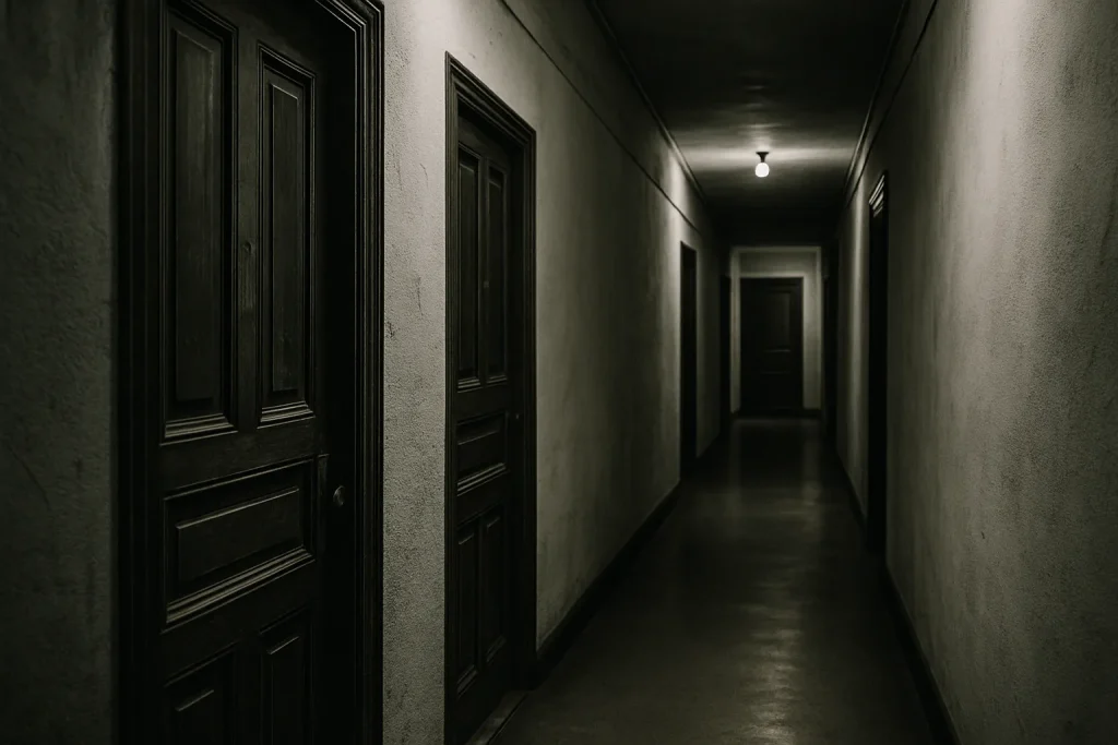 Couloir désert d'immeuble avec portes anciennes, lumière tamisée, noir et blanc