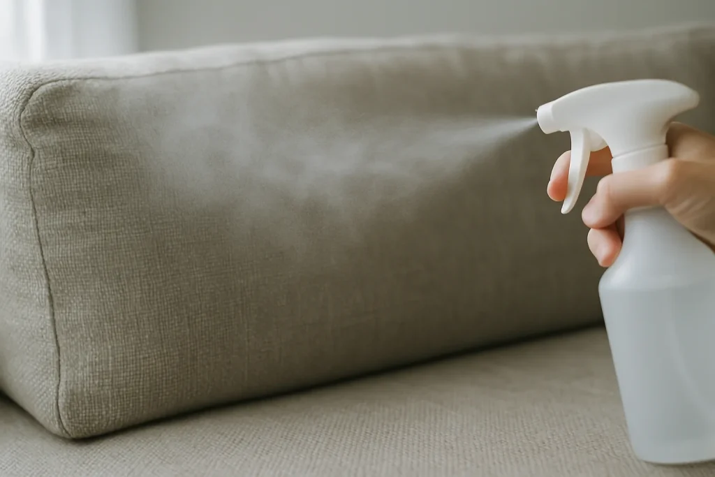 Gros plan sur un tissu de canapé avec brume désodorisante, lumière naturelle.