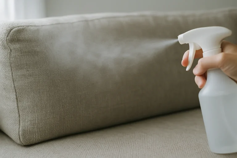 Gros plan sur un tissu de canapé avec brume désodorisante, lumière naturelle.