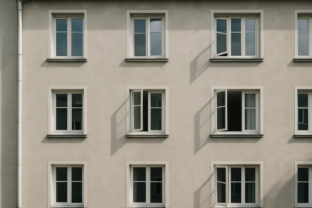 Façade d'un immeuble résidentiel avec fenêtres ouvertes, lumière du jour
