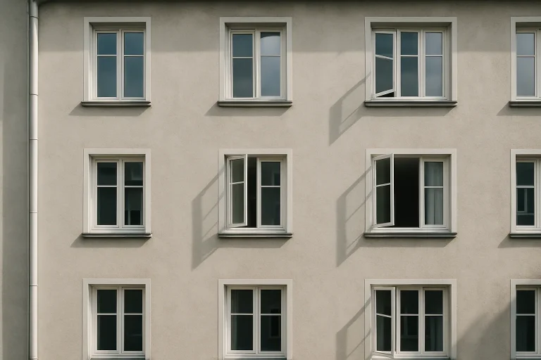 Façade d'un immeuble résidentiel avec fenêtres ouvertes, lumière du jour