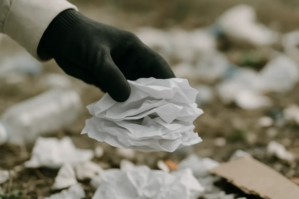 Main gantée soulevant des papiers dans un amas de déchets, lumière naturelle