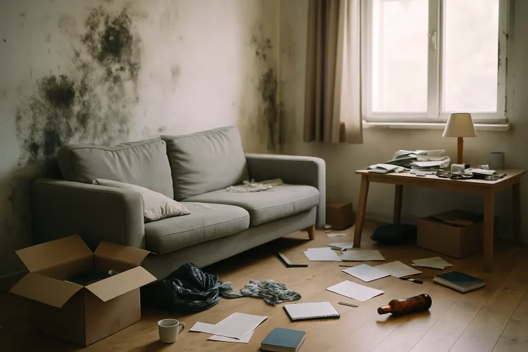 Intérieur d'une maison avec moisissures sur les murs et objets éparpillés
