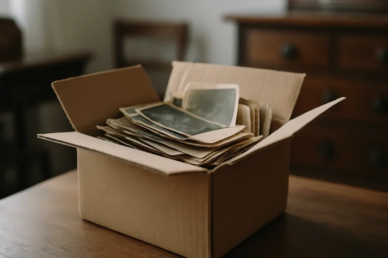 Boîte en carton remplie de photos et lettres anciennes, prête pour le tri