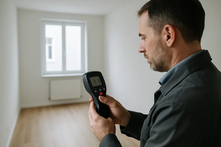 Un expert vérifie l'assainissement d'un appartement avec un appareil de mesure.