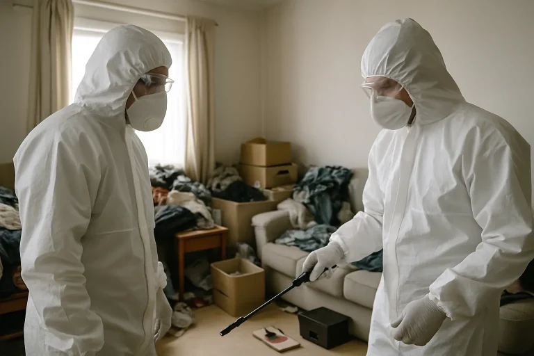 Des experts en combinaison de protection effectuent une dératisation dans un logement encombré.