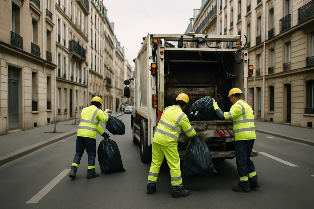 Camion de collecte de déchets avec ouvriers manipulant des sacs dans une rue urbaine