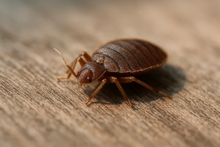Gros plan sur une punaise de lit posée sur une surface en bois avec un arrière-plan flou