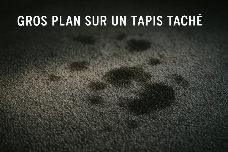Gros plan d'un tapis avec des taches sombres, lumière naturelle