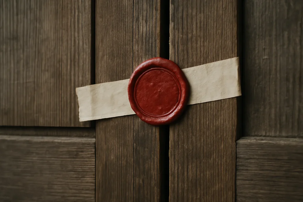 Gros plan d'un sceau officiel rouge sur une porte scellée en bois.