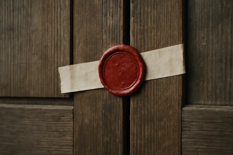 Gros plan d'un sceau officiel rouge sur une porte scellée en bois.