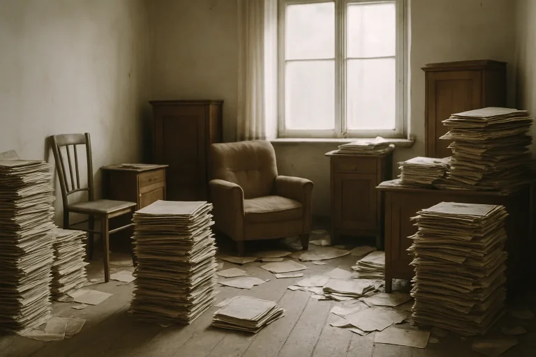 Pièce désordonnée avec piles de journaux et vieux meubles, lumière douce